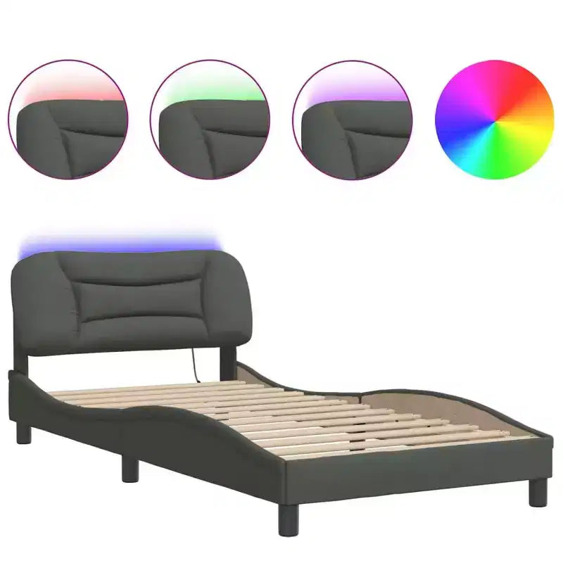 Bed Frame with LED Lights, Curved Platform, Fabric Upholstered Headboard