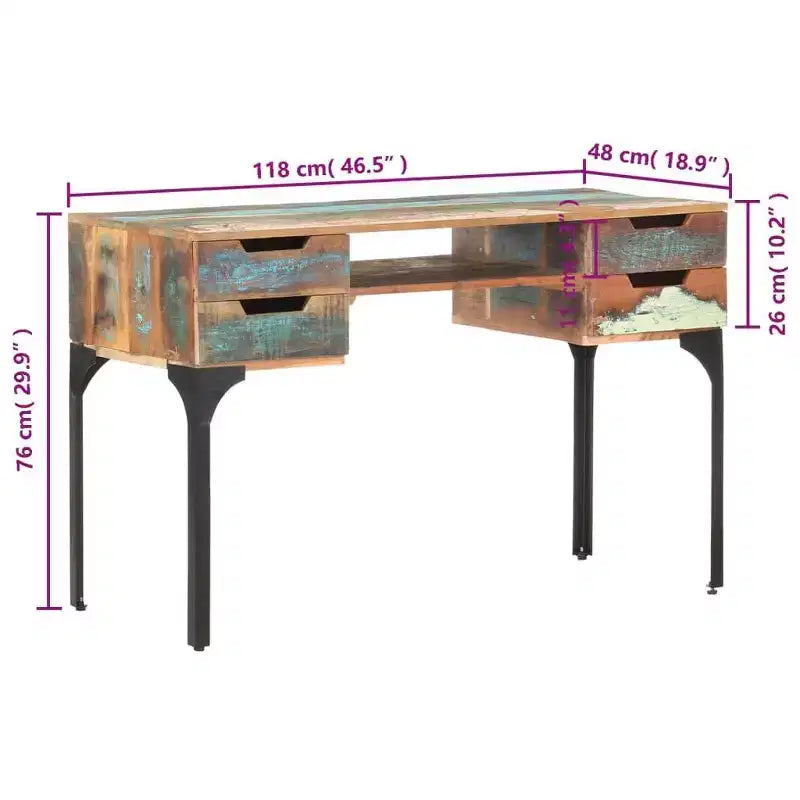 Solid Reclaimed Wood Console Desk with Iron Legs, Industrial Vintage Style