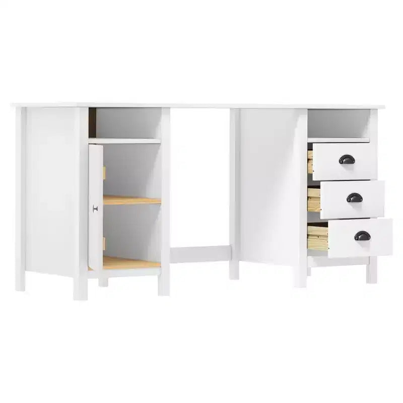 Witte massief dennenhouten schrijftafel, rustieke rechthoekige stijl met laden en kast