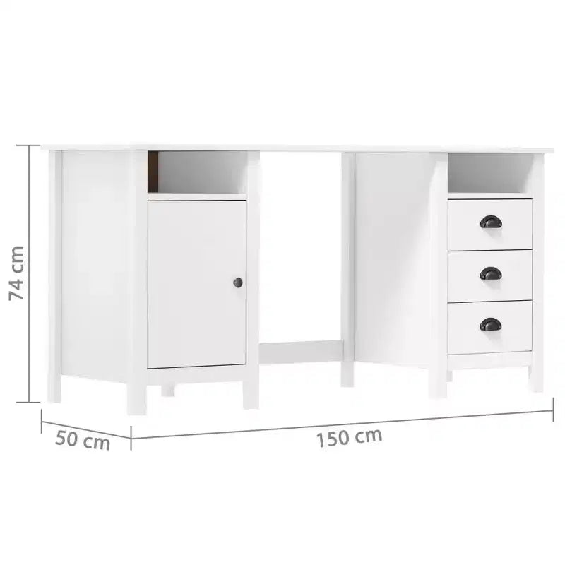 Witte massief dennenhouten schrijftafel, rustieke rechthoekige stijl met laden en kast