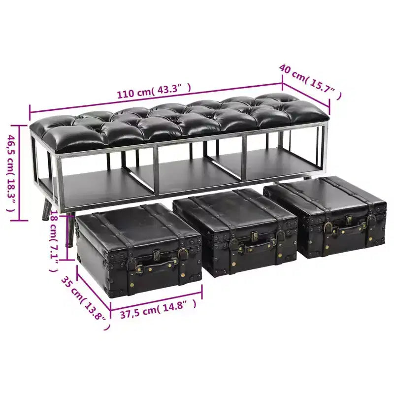 Aufbewahrungsbank 43,3", schwarzes Kunstleder, industrieller Vintage-Stil mit 3 Koffer-Schubladen