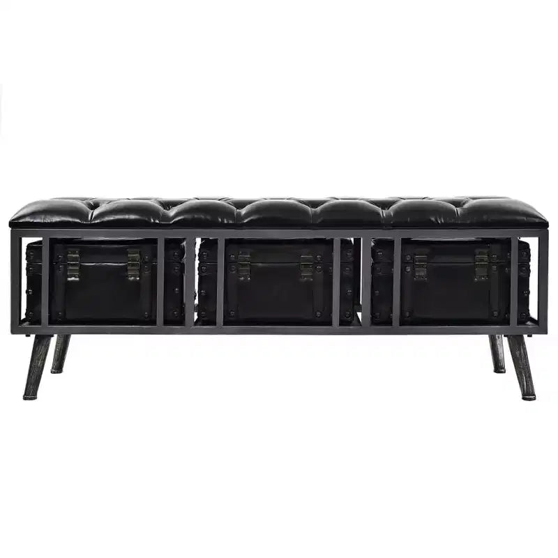 Aufbewahrungsbank 43,3", schwarzes Kunstleder, industrieller Vintage-Stil mit 3 Koffer-Schubladen