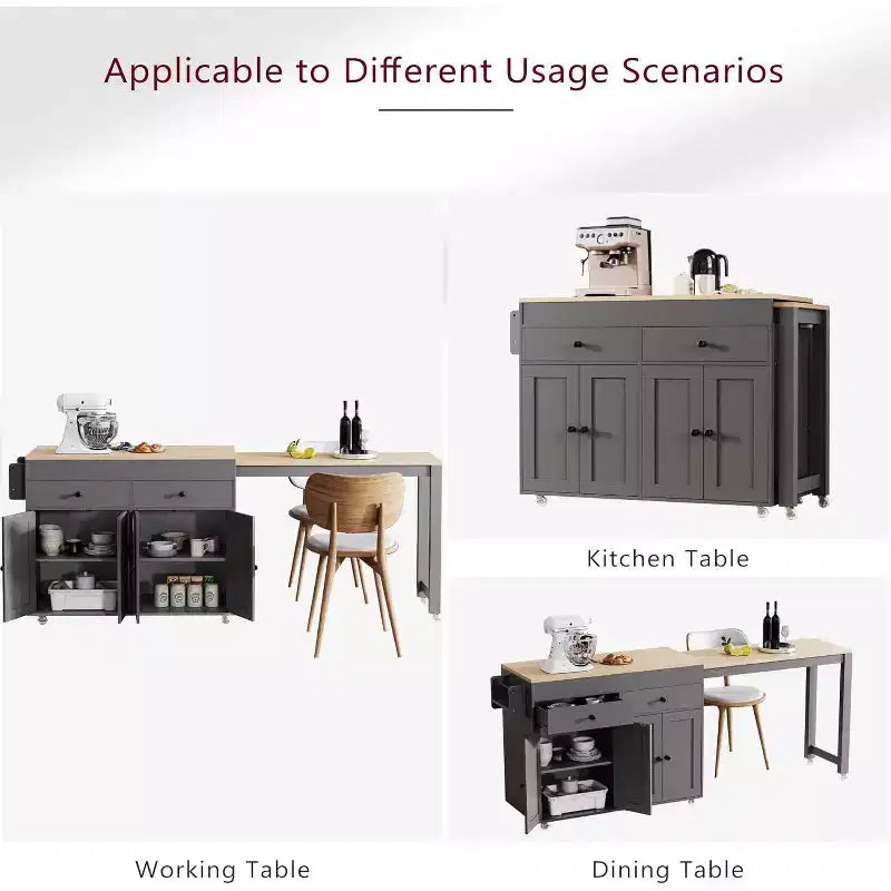 74.5 Rolling Kitchen Island Cart on WheelsExtendable Table, Spice Rack, 2 Drawers, 4 Doors; Grey Trolley for Home, Kitchen, or Garage