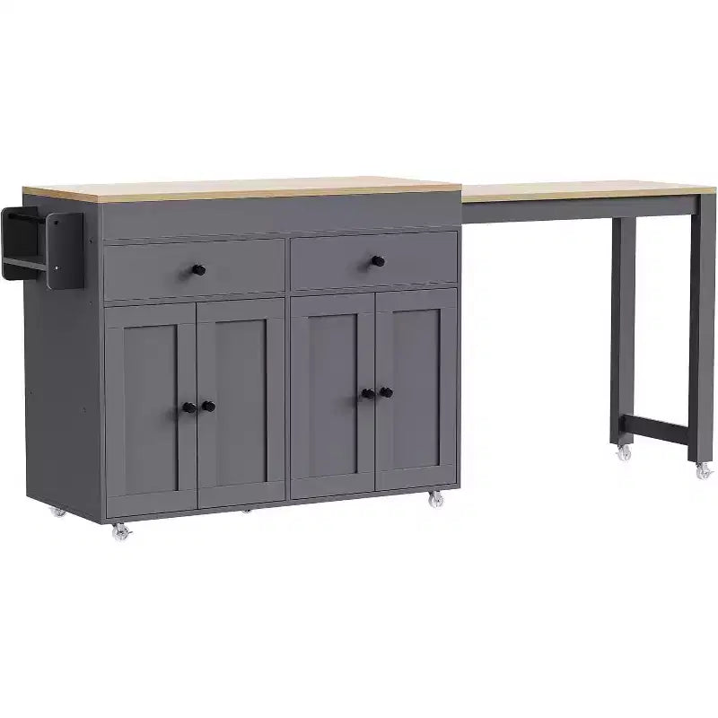 74.5 Rolling Kitchen Island Cart on WheelsExtendable Table, Spice Rack, 2 Drawers, 4 Doors; Grey Trolley for Home, Kitchen, or Garage