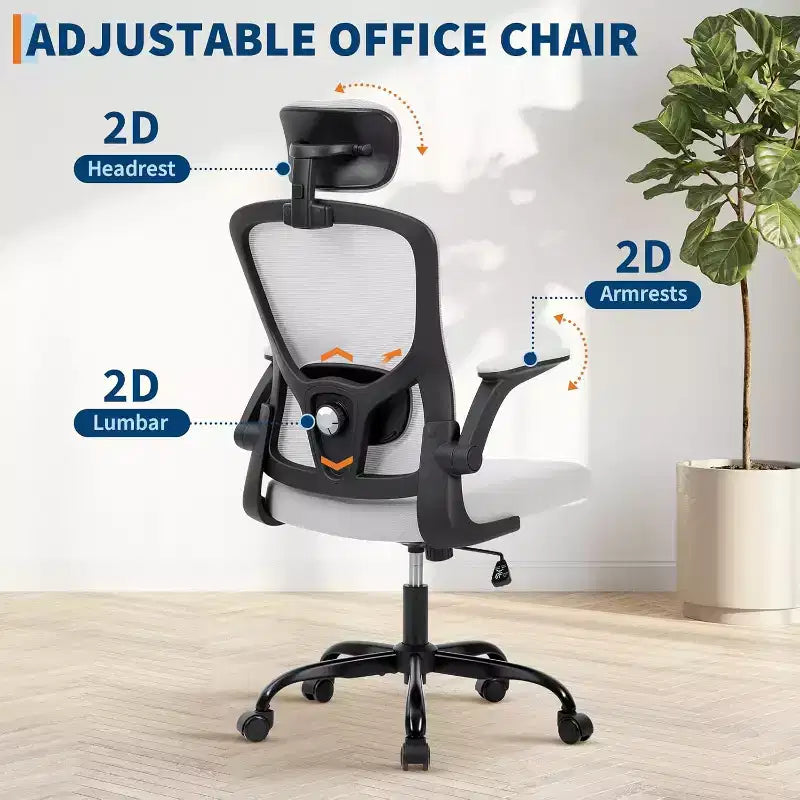 Ergonomischer Bürostuhl mit verstellbarer Kopfstütze, klappbaren Armlehnen, Mesh-Schreibtischstuhl für Home Office