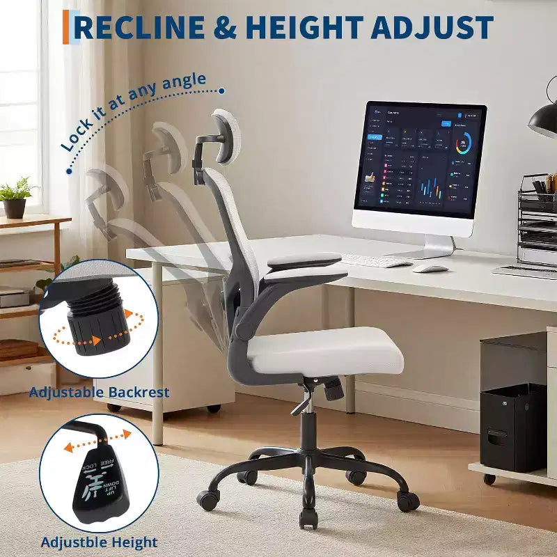 Ergonomischer Bürostuhl mit verstellbarer Kopfstütze, klappbaren Armlehnen, Mesh-Schreibtischstuhl für Home Office