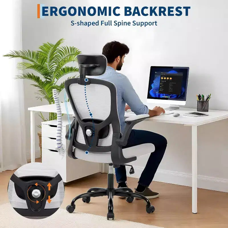 Ergonomischer Bürostuhl mit verstellbarer Kopfstütze, klappbaren Armlehnen, Mesh-Schreibtischstuhl für Home Office