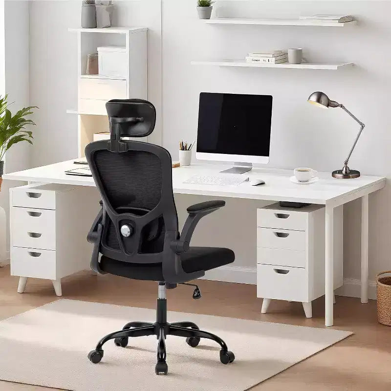 Ergonomischer Bürostuhl mit verstellbarer Kopfstütze, klappbaren Armlehnen, Mesh-Schreibtischstuhl für Home Office
