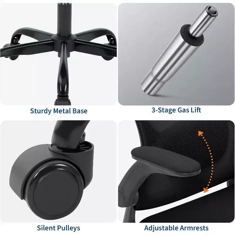 Ergonomischer Bürostuhl mit verstellbarer Kopfstütze, klappbaren Armlehnen, Mesh-Schreibtischstuhl für Home Office
