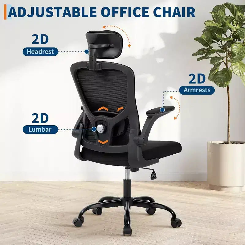 Ergonomischer Bürostuhl mit verstellbarer Kopfstütze, klappbaren Armlehnen, Mesh-Schreibtischstuhl für Home Office