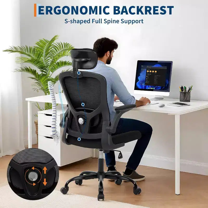 Ergonomischer Bürostuhl mit verstellbarer Kopfstütze, klappbaren Armlehnen, Mesh-Schreibtischstuhl für Home Office