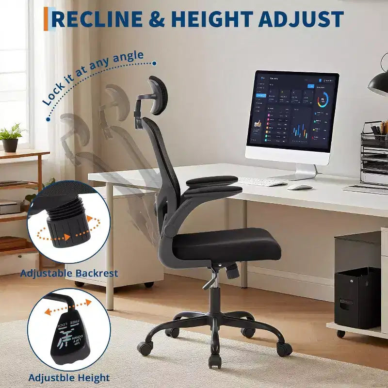 Ergonomischer Bürostuhl mit verstellbarer Kopfstütze, klappbaren Armlehnen, Mesh-Schreibtischstuhl für Home Office