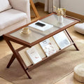 Rieten salontafel met glazen blad, mid-century moderne salontafel met tijdschriftenrek, bamboe Z-vormige accenttafel voor woonkamer en bank