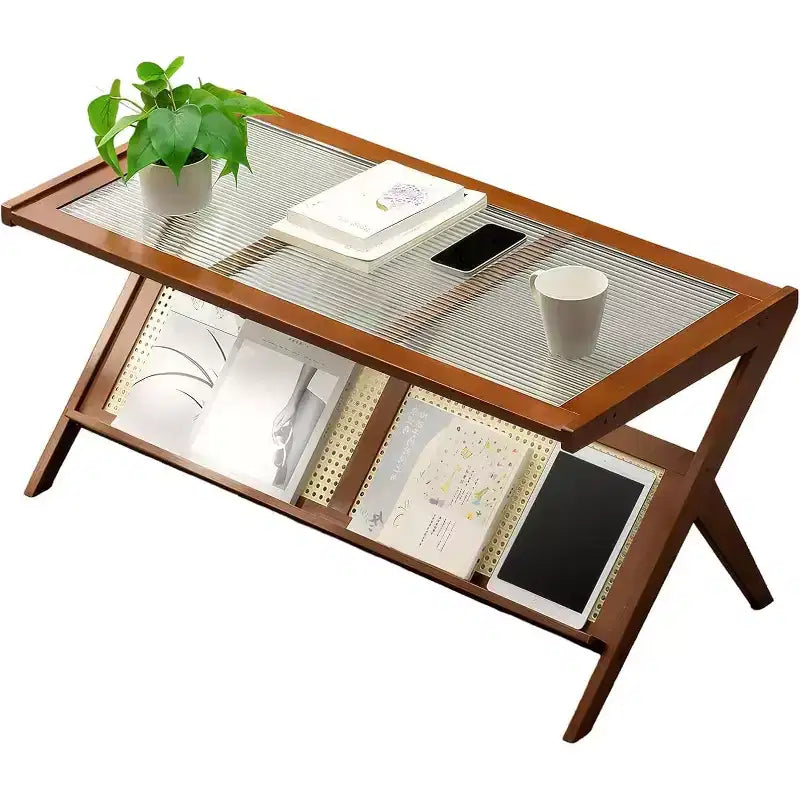 Cam Üstlü Rattan Sehpa, Orta Yüzyıl Modern Orta Sehpa, Dergi Raflı Depolama, Bambudan Z Şeklinde Oturma Odası Aksesuar Sehpası