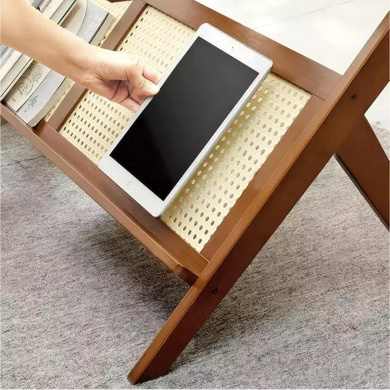 Cam Üstlü Rattan Sehpa, Orta Yüzyıl Modern Orta Sehpa, Dergi Raflı Depolama, Bambudan Z Şeklinde Oturma Odası Aksesuar Sehpası