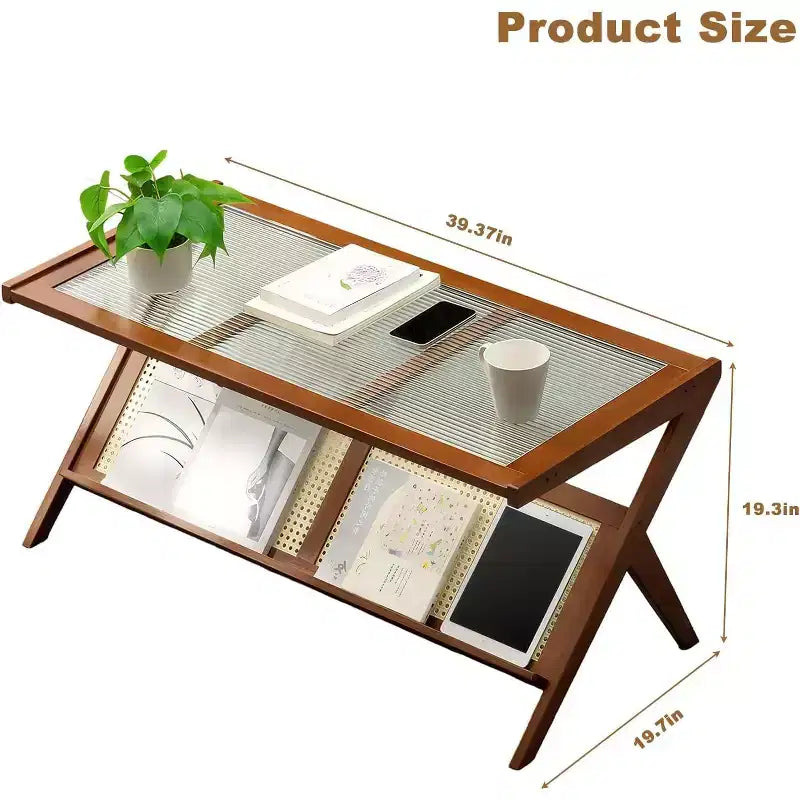 Rieten salontafel met glazen blad, mid-century moderne salontafel met tijdschriftenrek, bamboe Z-vormige accenttafel voor woonkamer en bank