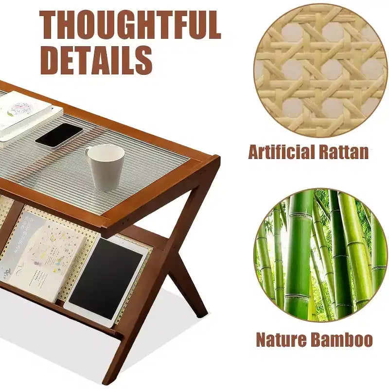 Rieten salontafel met glazen blad, mid-century moderne salontafel met tijdschriftenrek, bamboe Z-vormige accenttafel voor woonkamer en bank