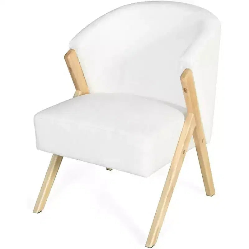 Moderne minimalistische accentstoel met witte bekleding en houten frame, comfortabele loungestoel voor woonkamer, slaapkamer, thuiswerkplek of café