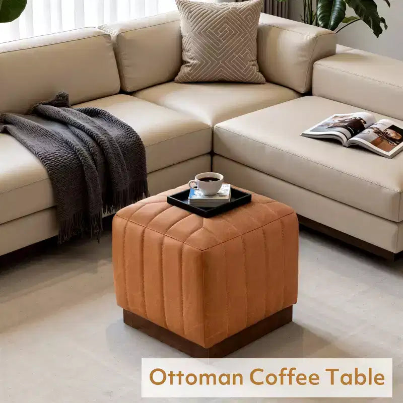 Puf otomán cúbico con base de vetas de madera, reposapiés tapizado en lana de cordero/cuero con estructura de madera maciza de acacia, capacidad de 500 lbs