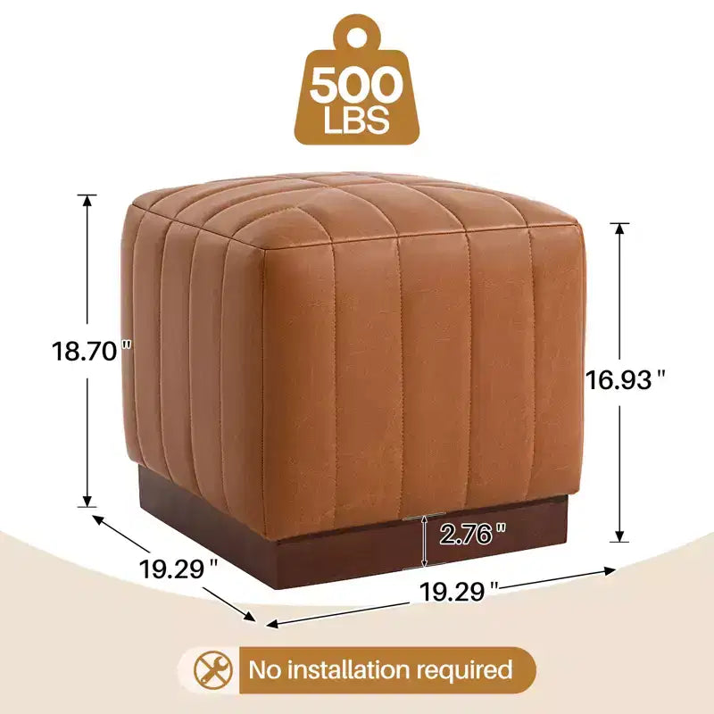 Puf otomán cúbico con base de vetas de madera, reposapiés tapizado en lana de cordero/cuero con estructura de madera maciza de acacia, capacidad de 500 lbs