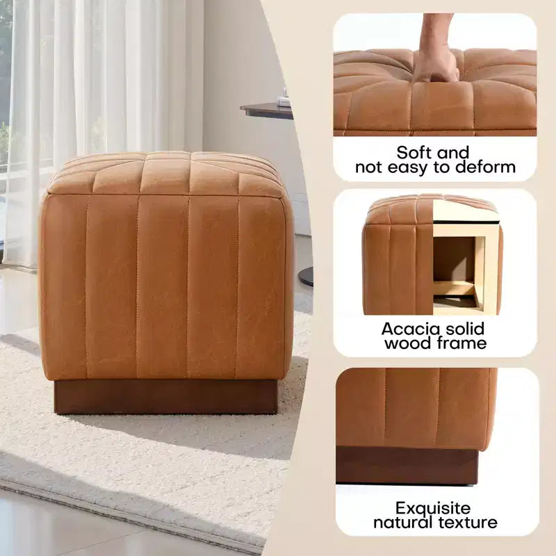 Puf otomán cúbico con base de vetas de madera, reposapiés tapizado en lana de cordero/cuero con estructura de madera maciza de acacia, capacidad de 500 lbs