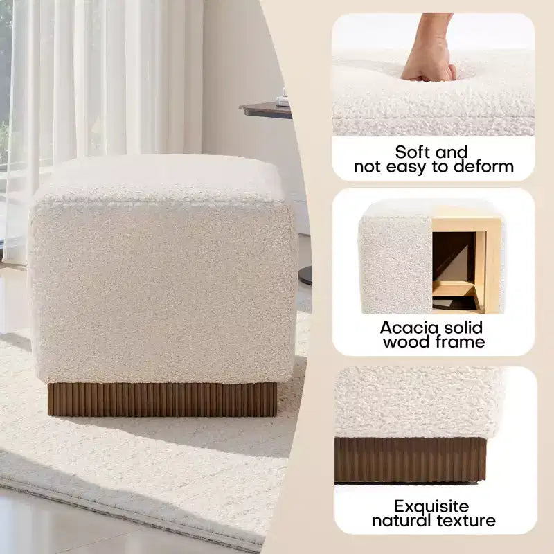 Puf otomán cúbico con base de vetas de madera, reposapiés tapizado en lana de cordero/cuero con estructura de madera maciza de acacia, capacidad de 500 lbs