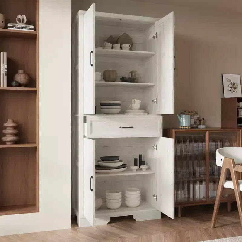 Armario despensa de cocina efecto roble blanco, almacenamiento con doble puerta y cajón