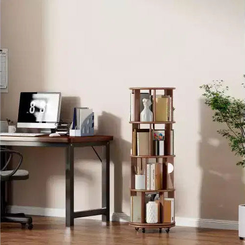 Drehbares Bücherregal auf Rollen, runder drehbarer Turm, schmales hohes Massivholz-Bücherregal für kleine Räume, Büro, Walnuss