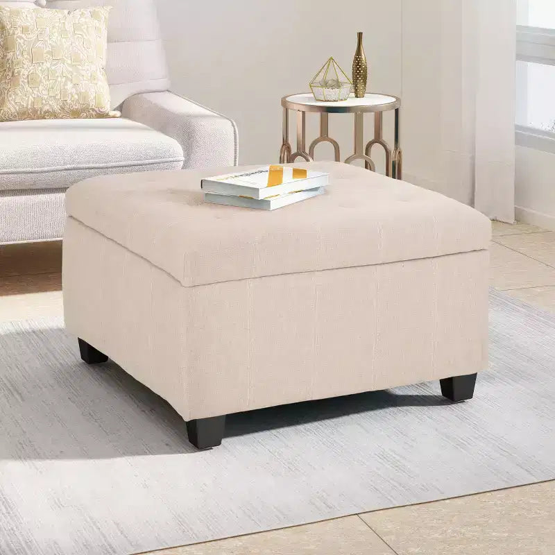 Quadratischer Aufbewahrungs-Ottomane mit Birkenbeinen und Soft-Close-Scharniere, Flurbank mit Polster