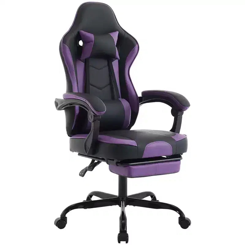 Sedia da gaming, sedia ergonomica per computer con poggiapiedi e supporto lombare massaggiante, girevole e regolabile in altezza, viola e nero