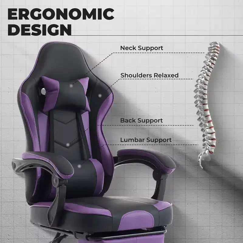 Sedia da gaming, sedia ergonomica per computer con poggiapiedi e supporto lombare massaggiante, girevole e regolabile in altezza, viola e nero