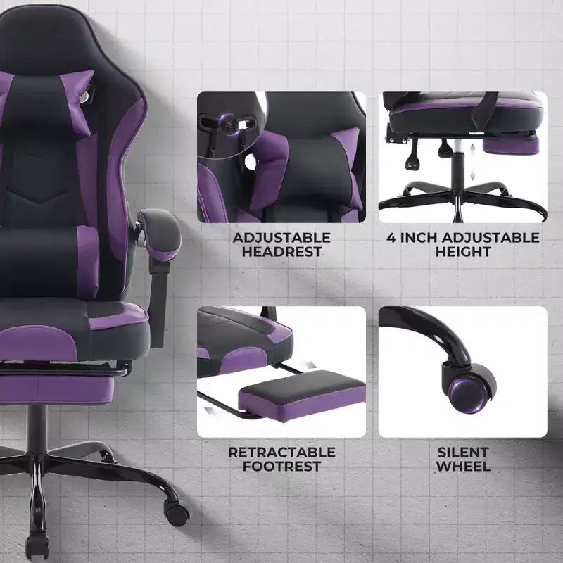 Gamingstoel, ergonomische computstoel met voetensteun en massage-lendensteun, in hoogte verstelbaar, draaibaar, paars-zwart