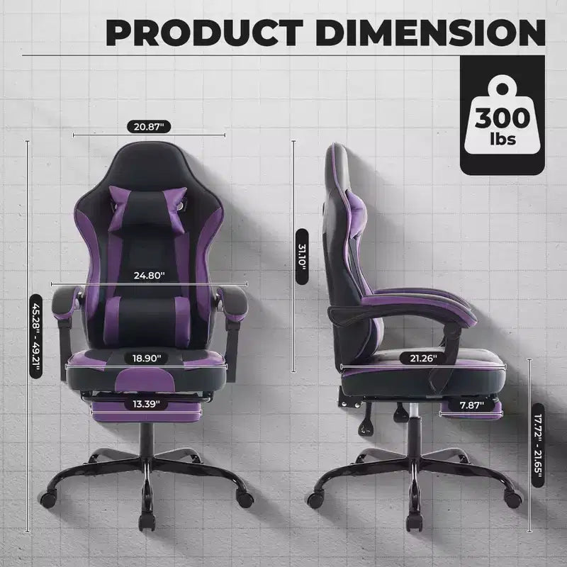Sedia da gaming, sedia ergonomica per computer con poggiapiedi e supporto lombare massaggiante, girevole e regolabile in altezza, viola e nero