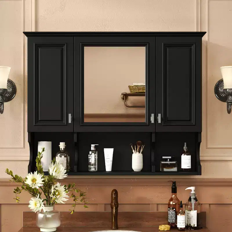 Wall Mounted Mirror Medicine Cabinet with Open Shelves, Modern Bathroom Storage