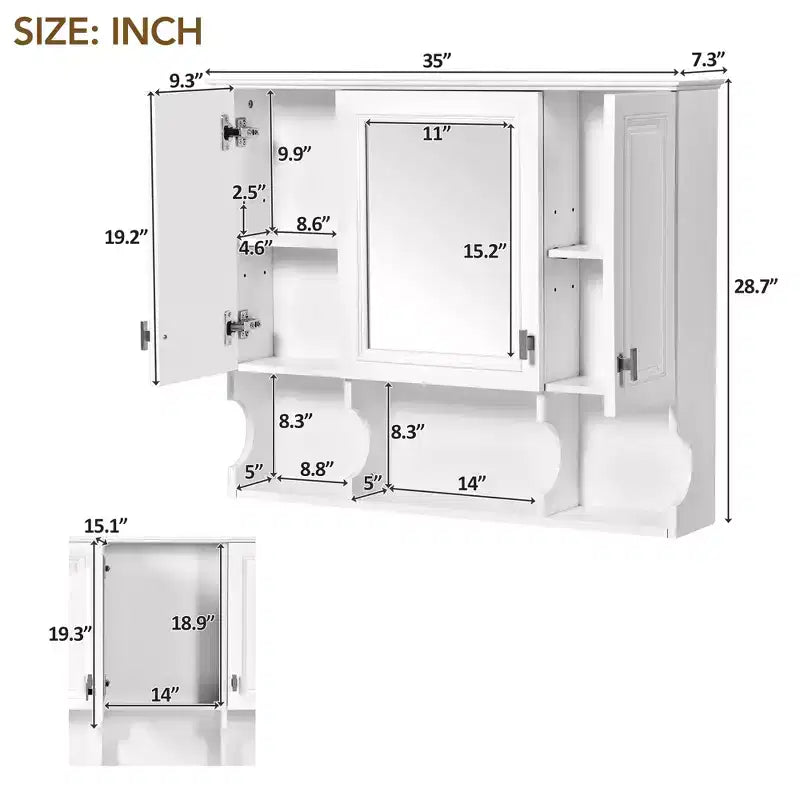 Wall Mounted Mirror Medicine Cabinet with Open Shelves, Modern Bathroom Storage