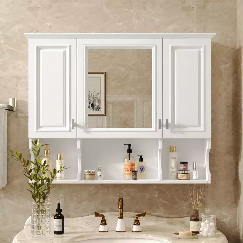Wall Mounted Mirror Medicine Cabinet with Open Shelves, Modern Bathroom Storage