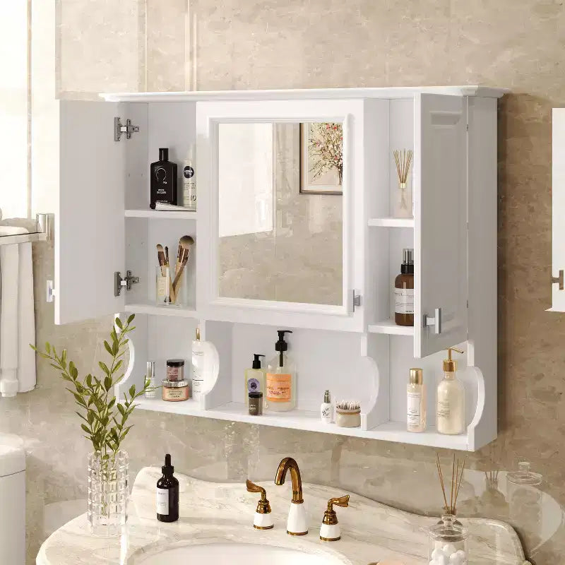 Wall Mounted Mirror Medicine Cabinet with Open Shelves, Modern Bathroom Storage