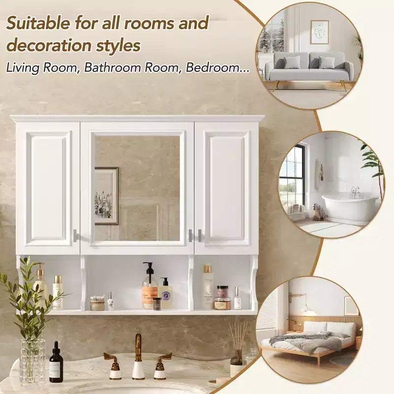 Wall Mounted Mirror Medicine Cabinet with Open Shelves, Modern Bathroom Storage