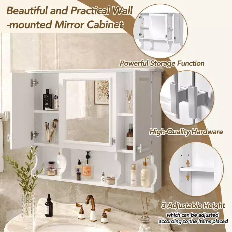 Wall Mounted Mirror Medicine Cabinet with Open Shelves, Modern Bathroom Storage