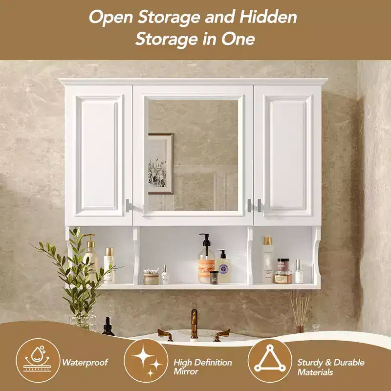 Wall Mounted Mirror Medicine Cabinet with Open Shelves, Modern Bathroom Storage