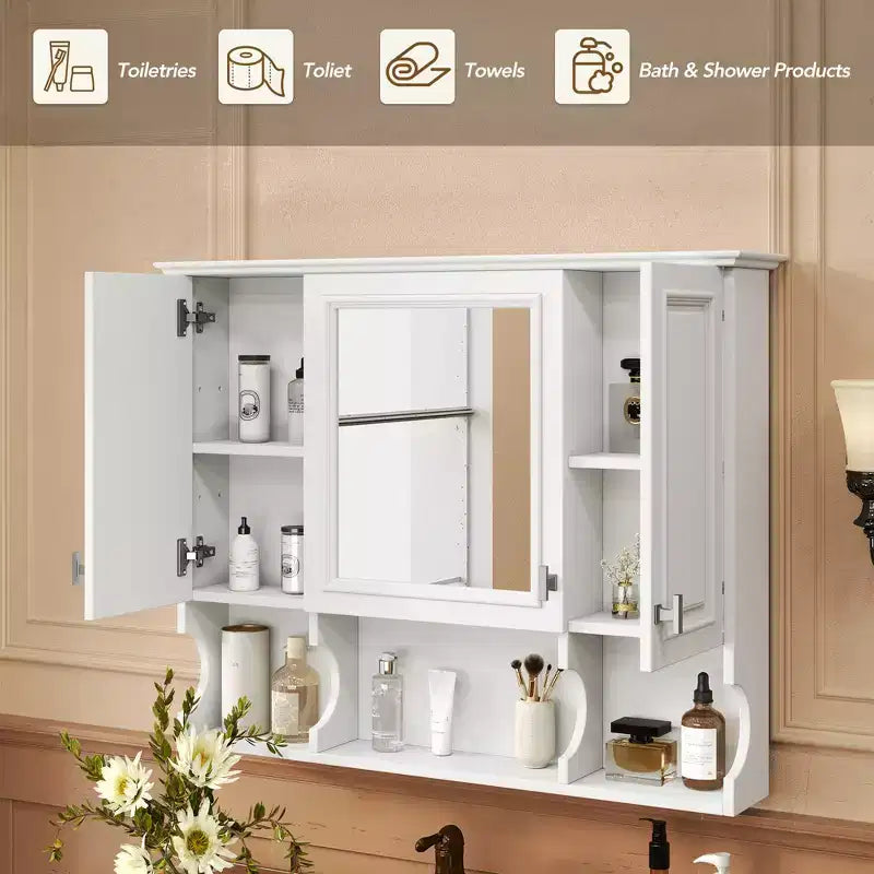 Wall Mounted Mirror Medicine Cabinet with Open Shelves, Modern Bathroom Storage
