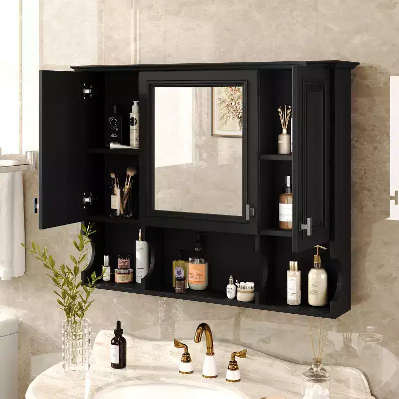 Wall Mounted Mirror Medicine Cabinet with Open Shelves, Modern Bathroom Storage