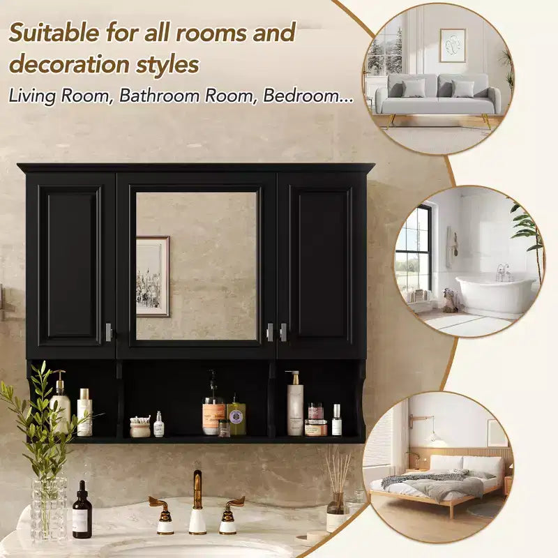 Wall Mounted Mirror Medicine Cabinet with Open Shelves, Modern Bathroom Storage