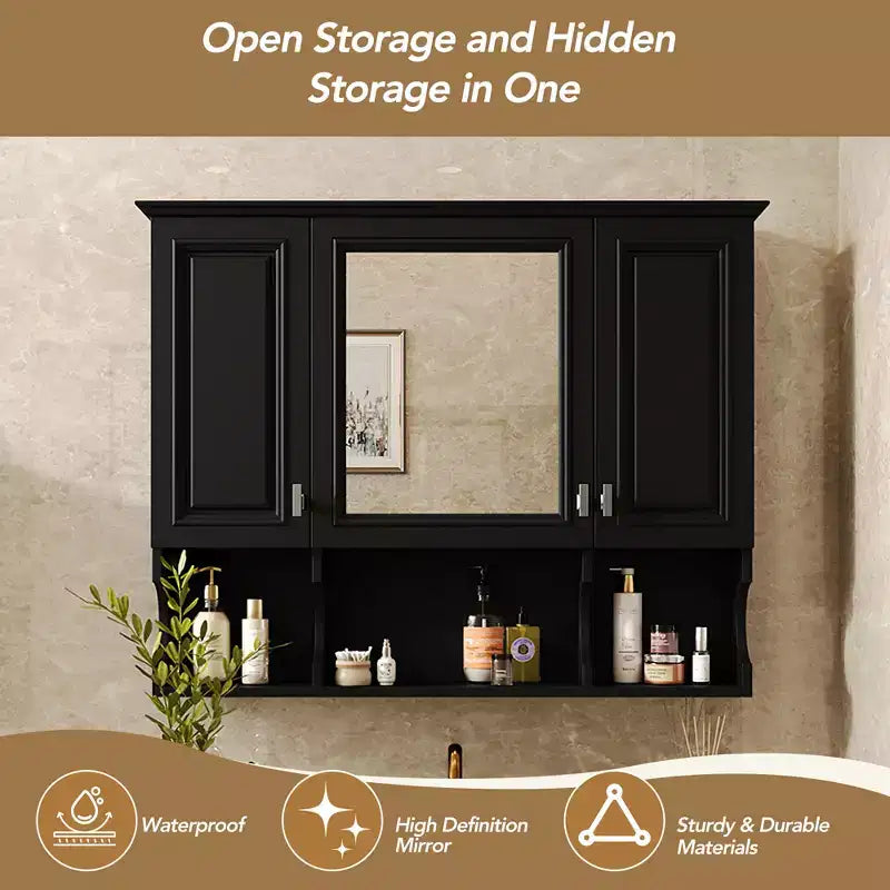 Wall Mounted Mirror Medicine Cabinet with Open Shelves, Modern Bathroom Storage