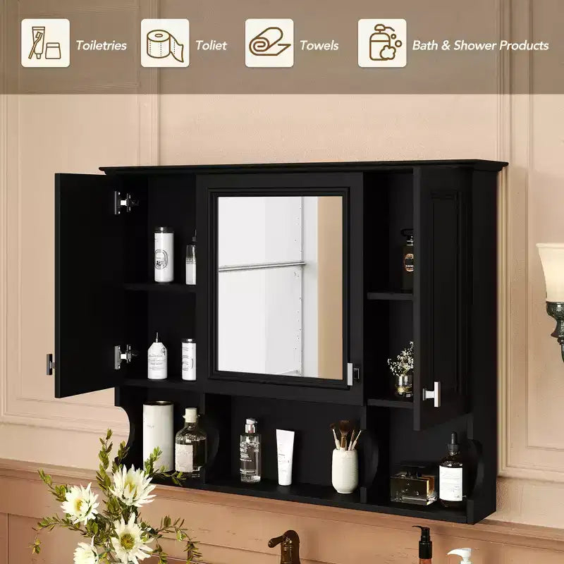 Wall Mounted Mirror Medicine Cabinet with Open Shelves, Modern Bathroom Storage