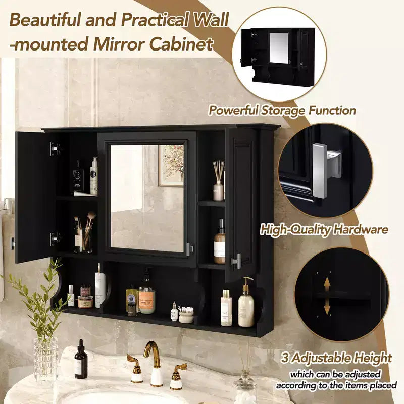 Wall Mounted Mirror Medicine Cabinet with Open Shelves, Modern Bathroom Storage