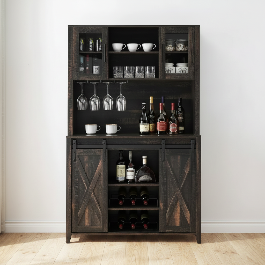 Farmhouse Bar Cabinet - White Wall Light Oak Floor